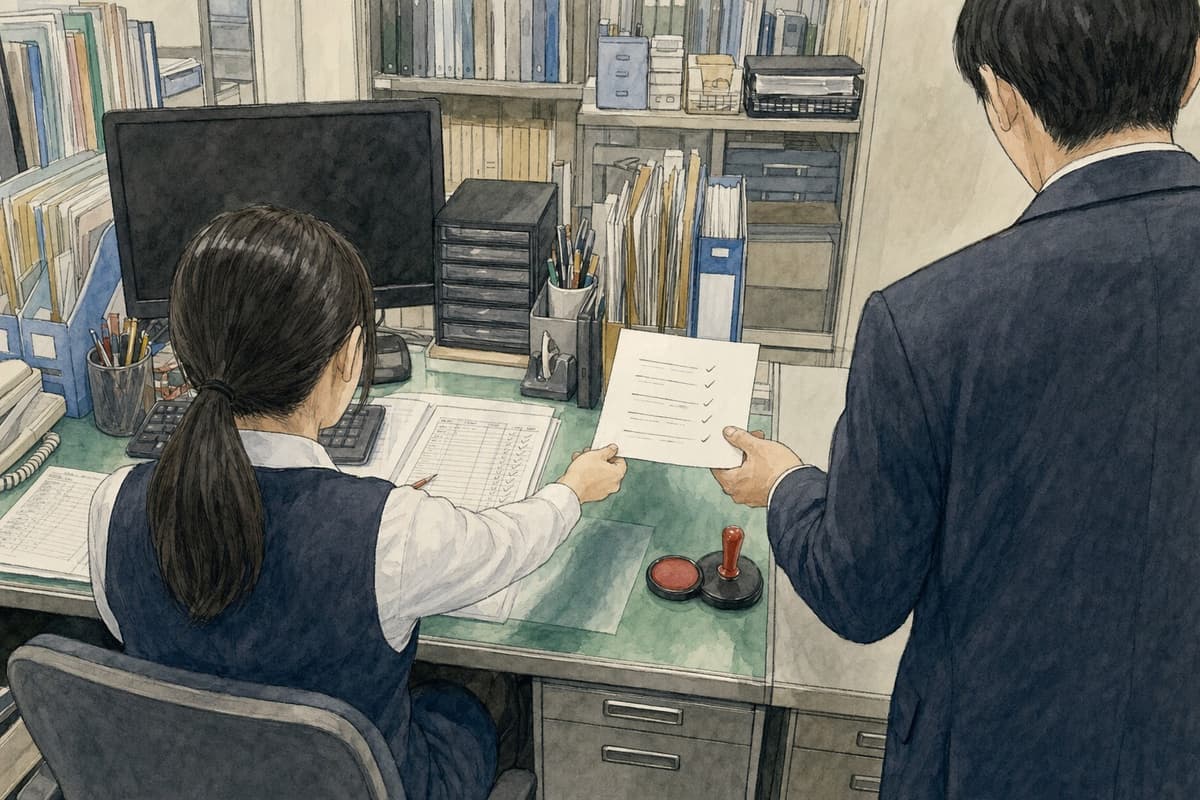 経理の机で、新人が印を付けた候補の紙を1枚だけ先輩に差し出し、後ろ姿の先輩が受け取っている。判子はまだ押されずに台の上にある