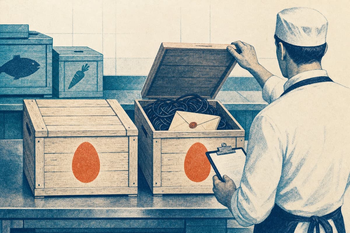 厨房の搬入口で、同じ卵の印が付いた木箱が2つ並んでいる。右の箱の蓋を開けると、中には卵ではなくケーブルと封筒が入っており、料理人がクリップボードを手に確かめている
